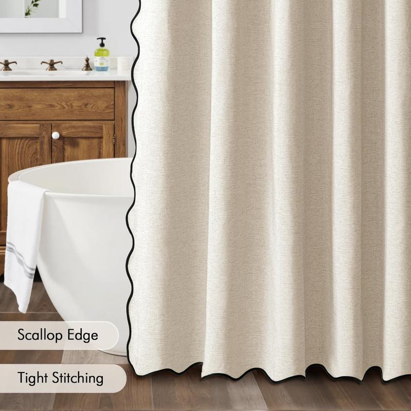 Long Scalloped Shower Curtain Linen Textured with 12 Hooks Heavy Duty Washable Waterproof Cloth Shower Curtains with Black Border for Bathroom Hotel Bathtub,Beige Quick Drying Machine Washable Home Bathroom Decor Shower Curtain Sets for Bathroom