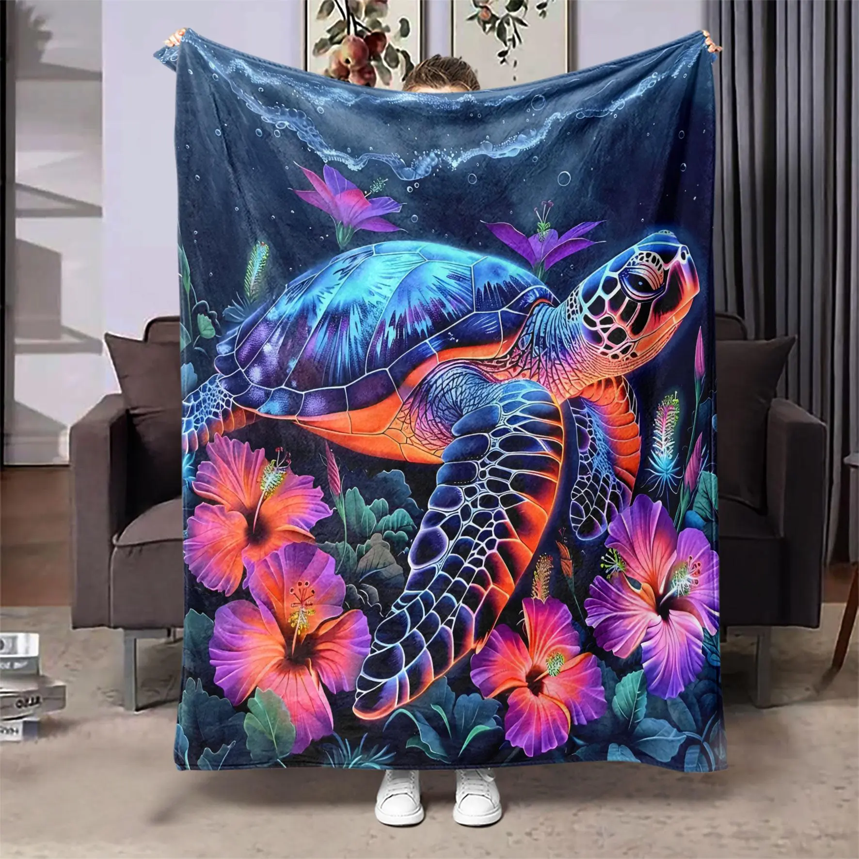 Turtle & Floral Pattern Blanket, Soft Throw Blanket, Soft Cozy Blanket, Air-conditioned Room Blanket, Warm Nap Blanket for Home Office Travel Camping, Soft Lightweight Blanket, Soft Blankets