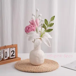 Handmade Crochet White Lily Bouquet- 5PCS,Rose,Tulip,Snowberry,Leaf,Knitted Yarn Flowers Home Centrepieces,Anniversary,Birthday,Mother‘s Day