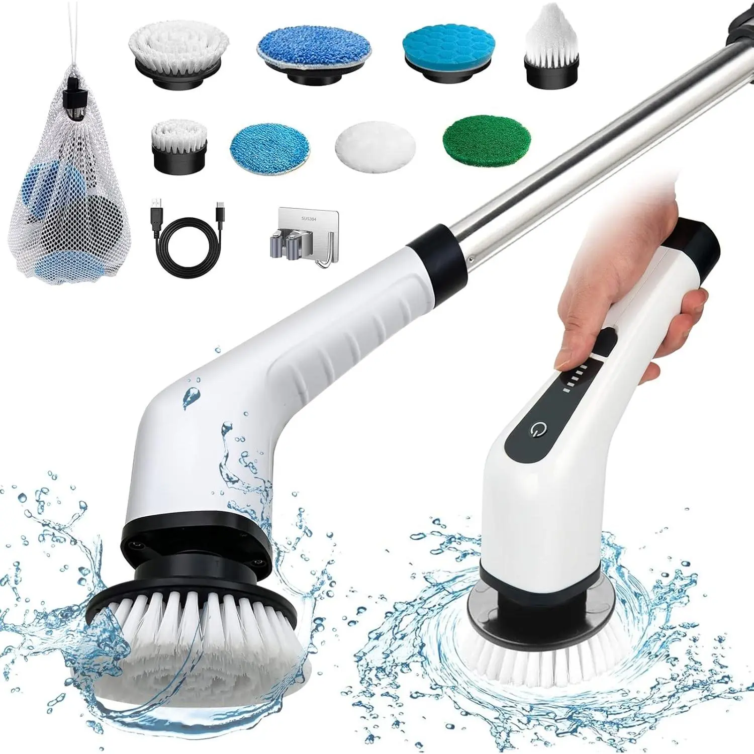 Electric Spin Scrubber, Cordless Waterproof Power Scrubber with Adjustable Handle, 9 Drill Brush Attachments for Cleaning Bathroom Tile, Floor & Car, Cordless Handheld Scrubber
