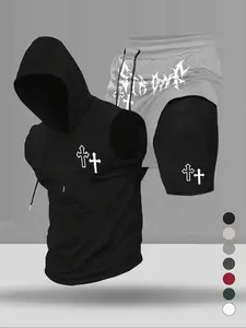 New Men's Fashion Graphic Print Sporty Set, Hooded Drawstring Vest and Two-Piece Shorts with Pockets, Adjustable Waistband, Summer Casual Sportswear