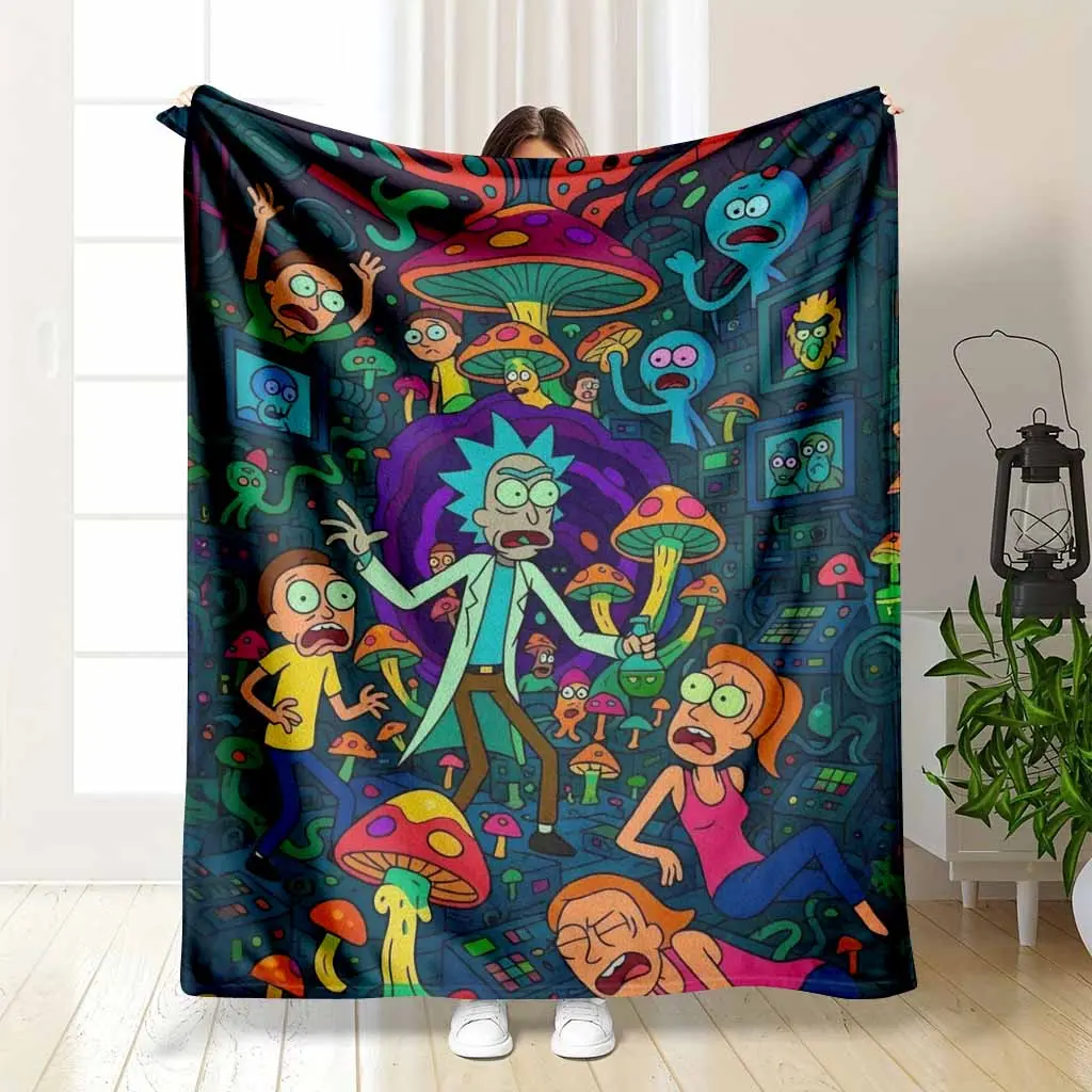 Rick and Morty Psychedelic Mushroom Flannel Blanket Colorful Trippy Cartoon Sci Fi Print Soft Warm Cozy Lightweight Throw Perfect for Sofa Bedroom Travel Camping Gift, Wrinkle Resistant, 30*40 Inches