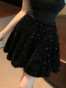 High Waist A-Line Short Skirt, Sequin Patch Design, Sweet Cool Atmosphere, Versatile Leg-Lengthening, Perfect for Street Style Parties