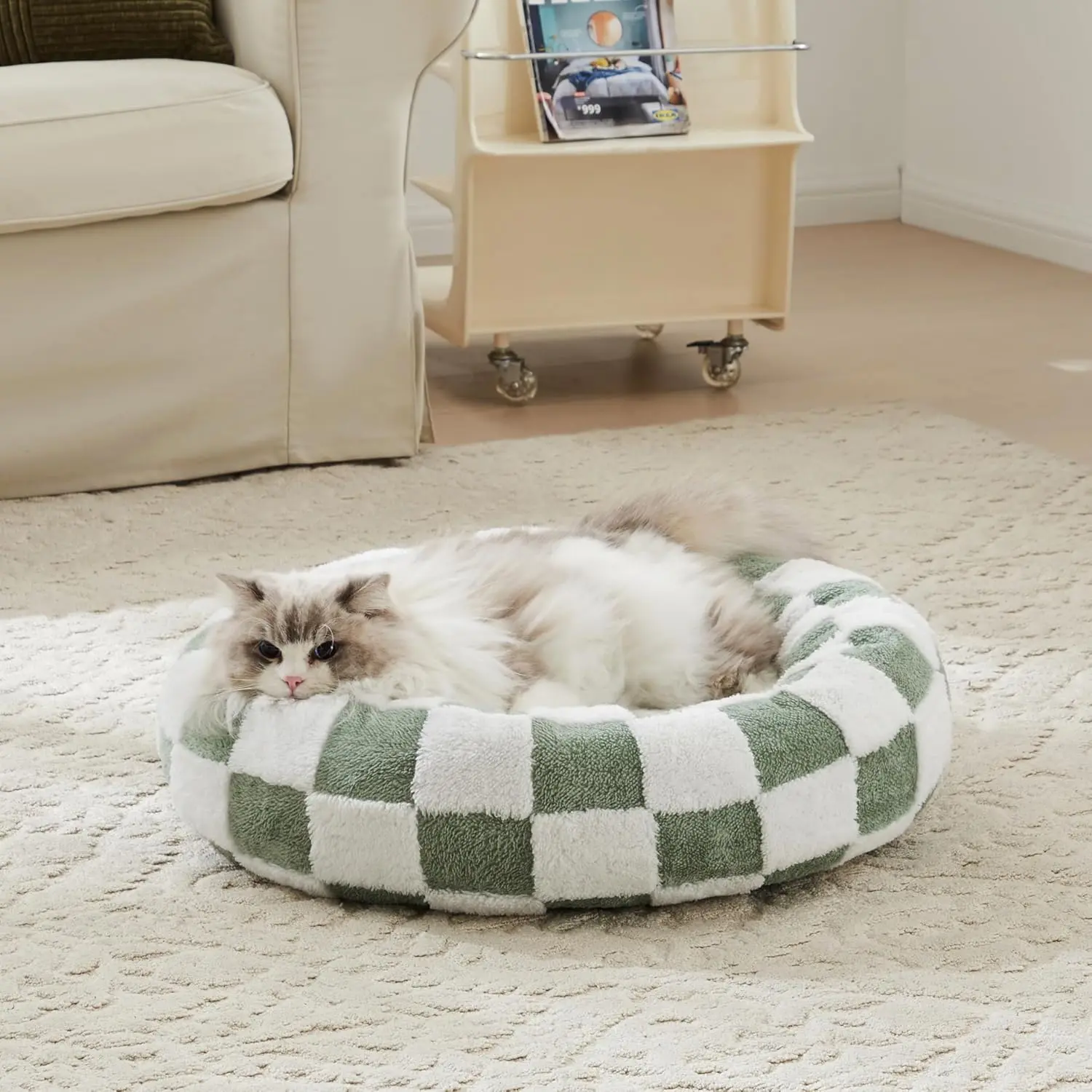 Checkered   Bed, Cute Sage Green Retro Style Aesthetic Round Warming Pet Calming Beds for Small  and Cats, Plush Cozy Donut Beds Washable, 23" L x 23" W x 8" Th