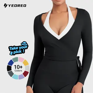 YEOREO Flattering V Neck Wrap Crop Top Long Sleeve Yoga Tie Shirt Breathable Pilates Ballet Workout Tops Athleisure Fashion