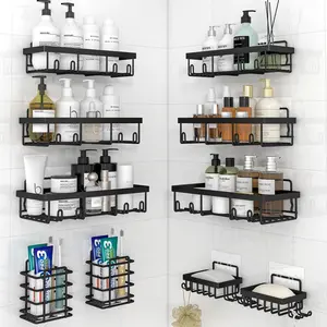 10 Pack Shower  Organizer Rack Shelf for Inside Shower, Self Adhesive Wall Storage Basket Rustproof Stainless Steel Shampoo Holder Bathroom Accessory Decor Set, Black