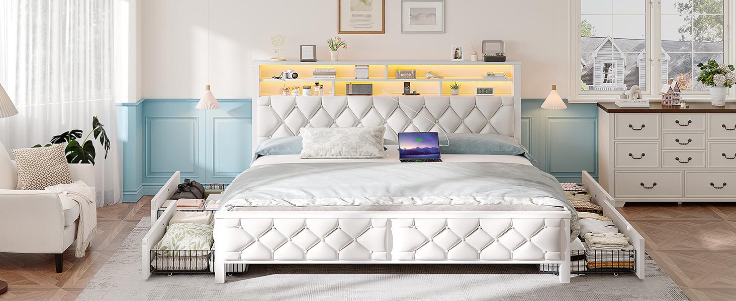 Raybee Luxury Modern LED Bed Frame with Power Stripes, Tufted Velvt Upholstered Full /Queen/King Size Bed Frame with Bookcase Storage Headboard, Heavy Duty Platform Bed Frame Holds 900LBS, NO Noise, No Box Spring Needed, Space Saving Hacks, Beige, Gray Raybee Luxury Modern LED Bed Frame with Power Stripes, Tufted Velvt Upholstered Full /Queen/King Size Bed Frame with Bookcase Storage Headboard, Heavy Duty Platform Bed Frame Holds 900LBS, NO Noise, No Box Spring Needed, Space Saving Hacks, Beige, Gray