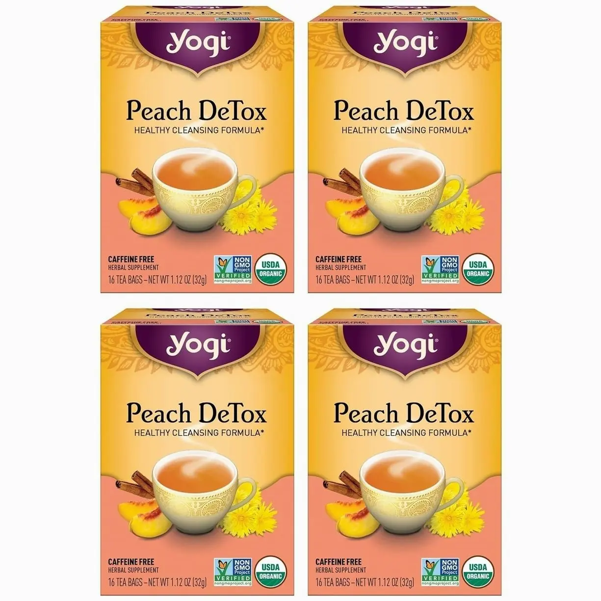 Yogi Tea Peach DeTox - 16 Bags per Pack (4 Packs) - Organic DeTox Tea to Feel Refreshed - Includes Cinnamon Bark, Ginger Root, Cardamom Pod, Burdock Root, Dandelion Root & More