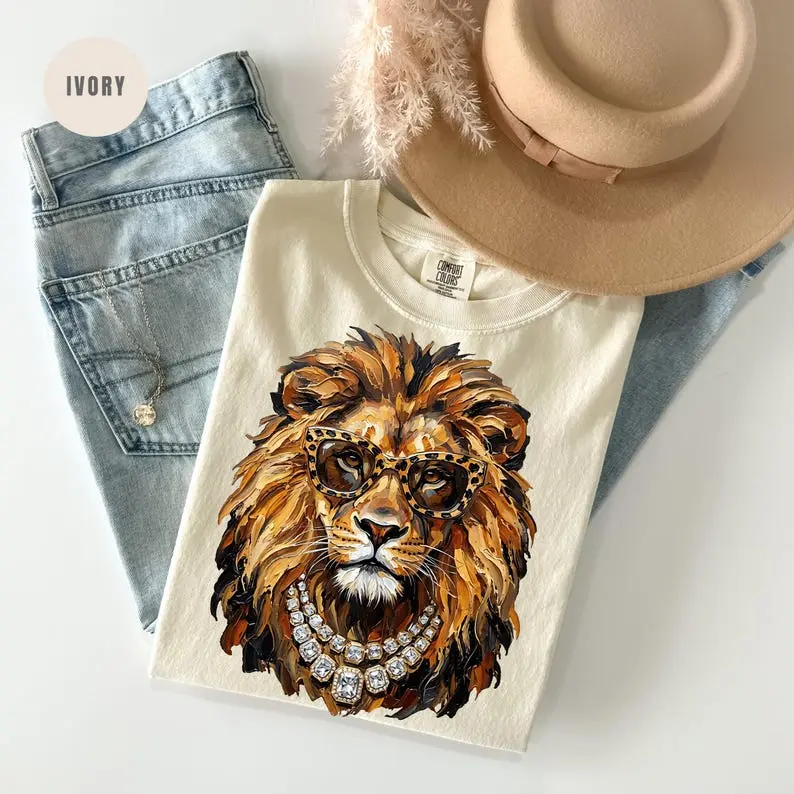 Glam Lion Shirt, Boujee Leopard Sunglasses Graphic Tee, Bling Animal Print Wildlife Gift, Safari Queen Style, Comfort Colors Tee