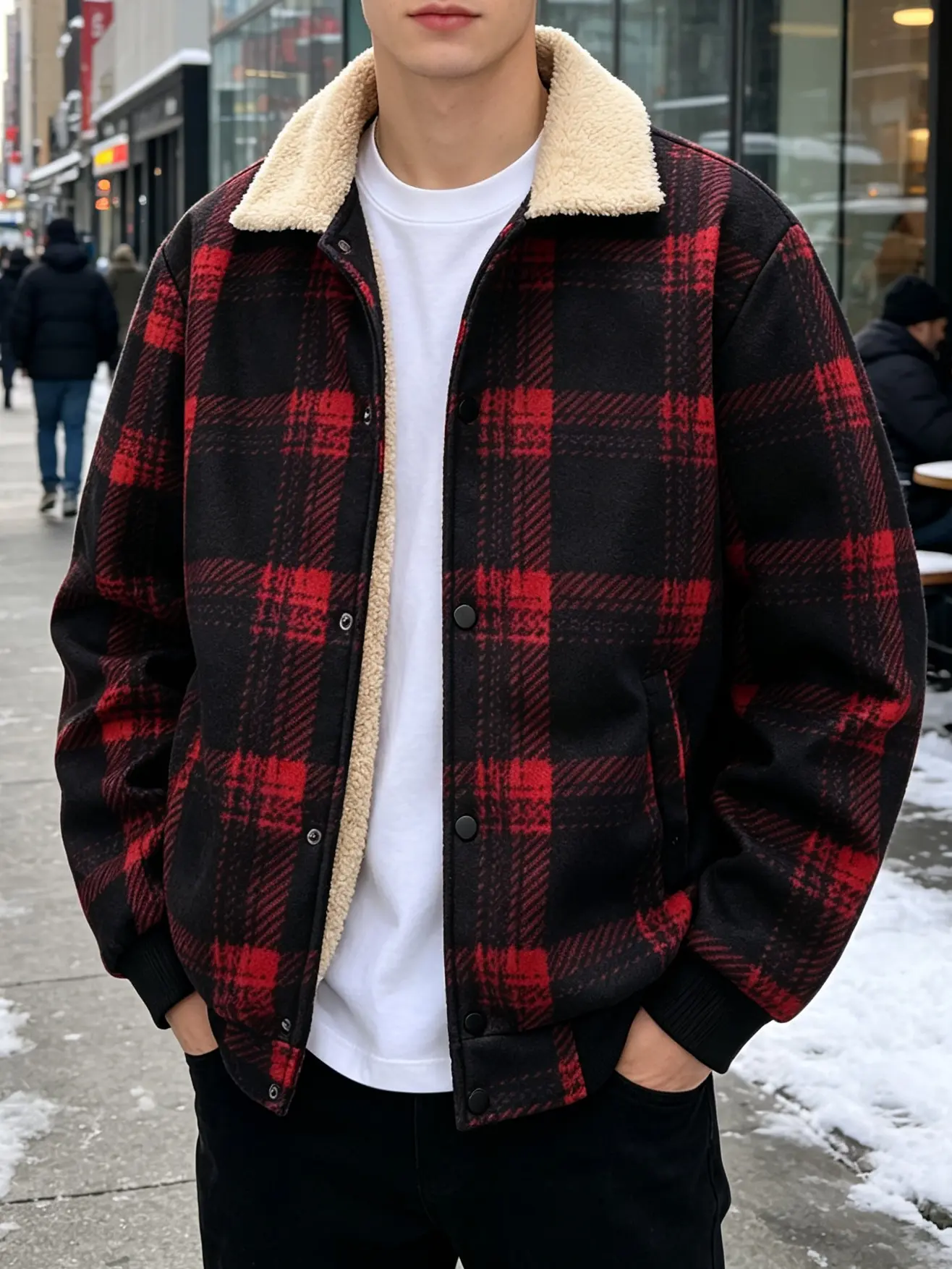 Men's Plaid Sherpa Lined Trucker Jacket, Button Up Flannel Plush Collar Warm Winter Coat, Vintage Buffalo Check Fleece Lined Outerwear For Street Casual Cold Weather Outfits