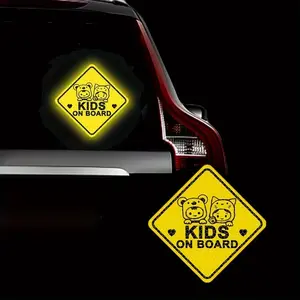 Adorable Cartoon Boy and Girl Kids On Board High Intensity Reflective Car Sticker Windshield Sticker for Car Night Driving Children In Car Safety Warning Sign Reflector Decals Vinyl Self Adhesive Stickers Gift Bumper Sticker Decal For Cars