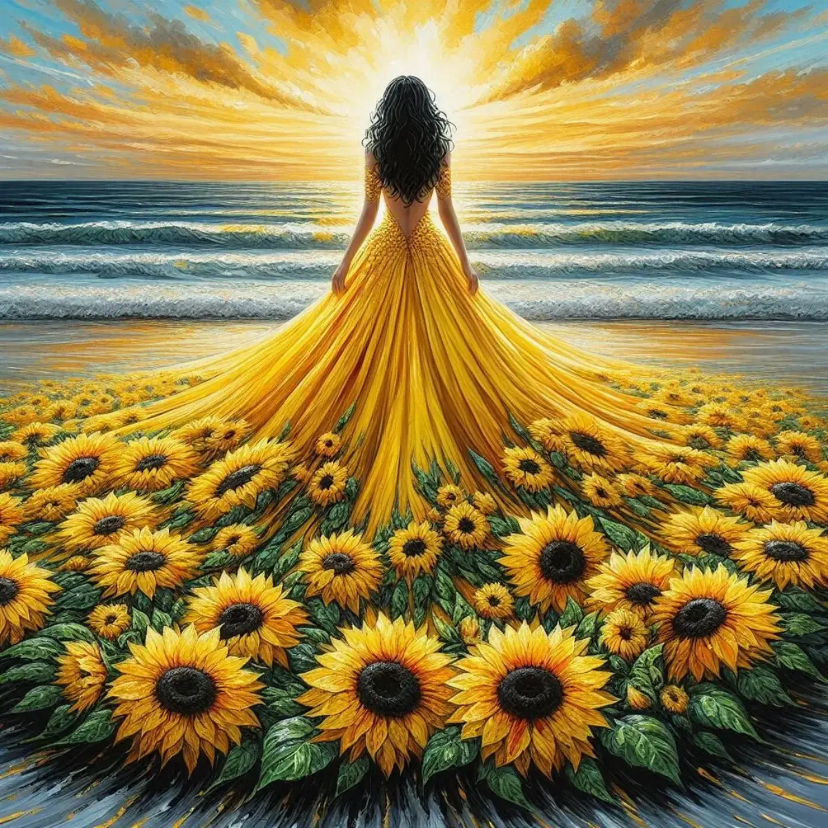 1PC Large-sized Adult Frameless Handmade DIY 5D Square/Round Diamond Painting Kit, featuring a woman in a sunflower dress, with all artificial diamond rhinestones and mosaic. Sizes: 30x30cm/11.8x11.8Inch, 40x40cm/15.7x15.7Inch