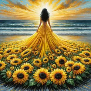 1PC Large-sized Adult Frameless Handmade DIY 5D Square/Round Diamond Painting Kit, featuring a woman in a sunflower dress, with all artificial diamond rhinestones and mosaic. Sizes: 30x30cm/11.8x11.8Inch, 40x40cm/15.7x15.7Inch