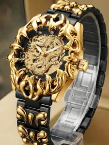 A new men's black gold patterned steel strip flame case design with unique golden dragon relief pink diamond gear hollow out high-end fashion luxury modern style Stylish Watch fully automatic mechanical watch