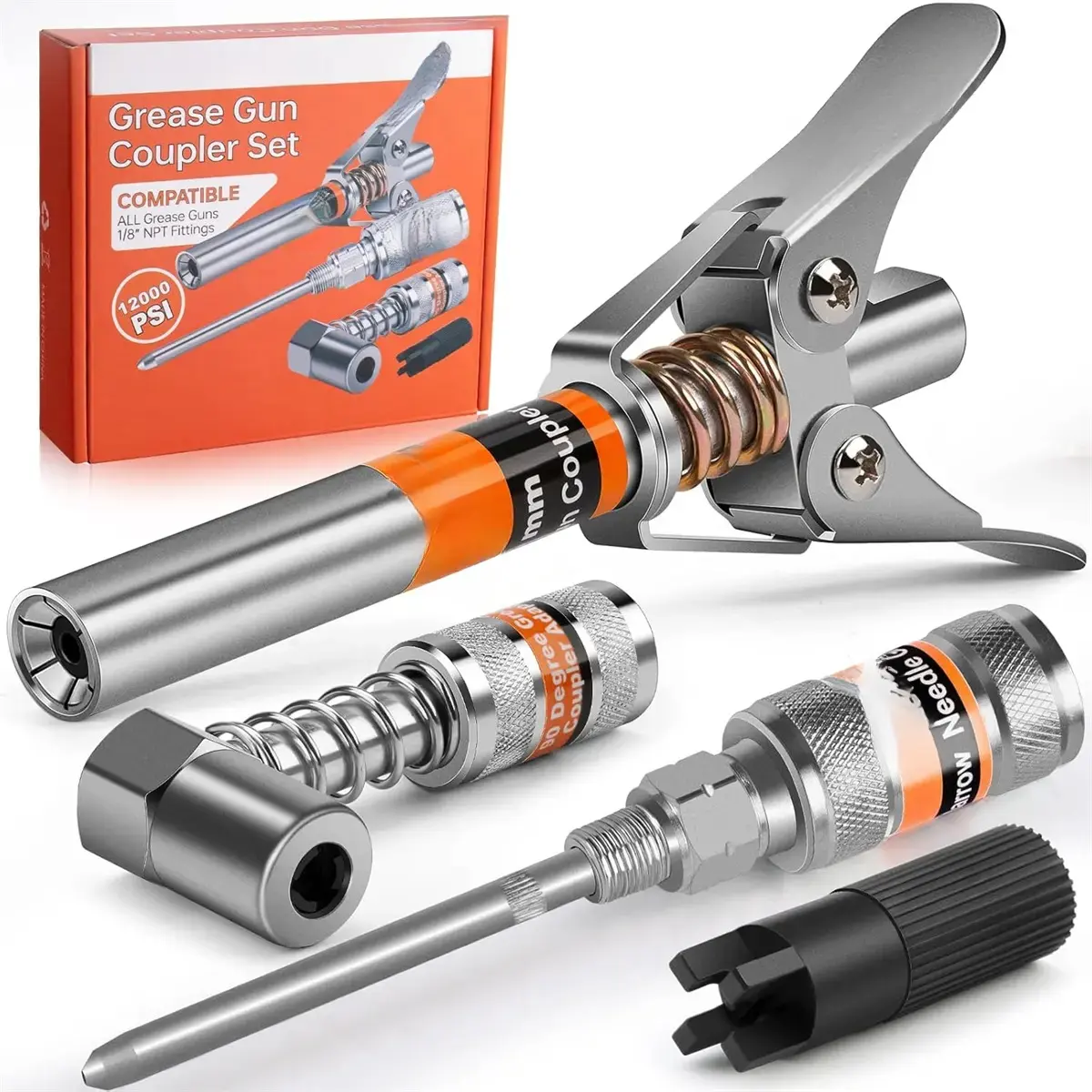 Grease Machine Coupler Set, Double Handle Extra Reach Strong Lock on Greases Couplers, 12000 PSI Compatible with All Grease 1/8" NPT Grease Fitting