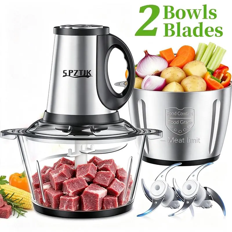 300W Power Electric Food Processor - Meat Shredder, Meat Grinder, 2-Bowl Batch Prep (2x8cup Stainless Steel Bowls), Dual Blades, 2 Speed + Pulse, Food Prep Tool for Mincing/Puree, Easy Rinse, Durable Home Kitchen Metal Appliance