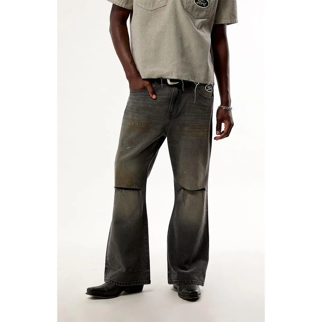 FORD Men's Black Ripped Baggy Bootcut Jeans