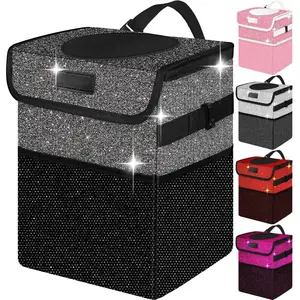 Cute Mini  Trash Bag with Lid, Glitter Garbage Can Bin  for /Front Seat/Console, , Leakproof, 2.5 Gallon, Black Bling Sparkly