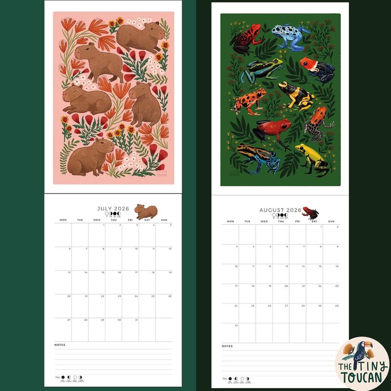 2026 Calendar A4 Illustrated Wall calendar. Cottagecore. Mushrooms. Frogs. Family Calendar. Magpies. Capybara. Mon-Sun organisation handmade