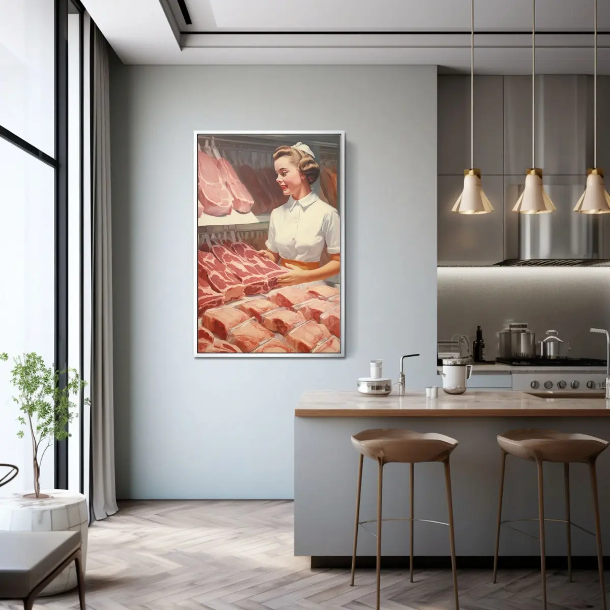 Happy Butcher Girl Wall Art Meat Poster Raw Meat Art, Room Decor, Unframed