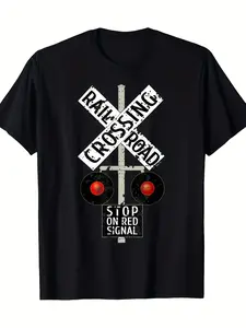 Funny Train Railroad Crossing With Lights Road Sign T-Shirt - 220g