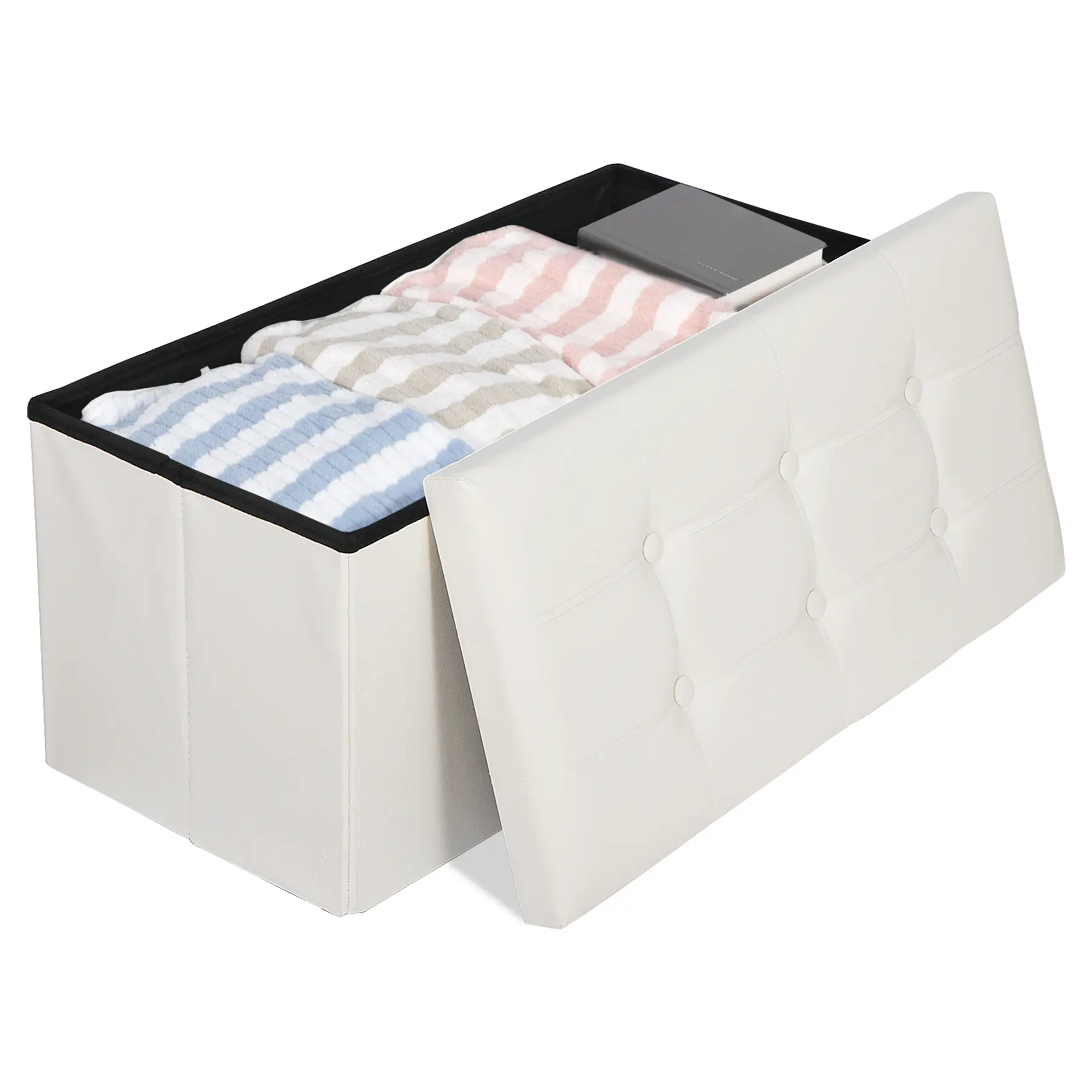 LEMY Faux Leather Storage Ottoman, 30 Inch Collapsible Bench and Footrest with Padded Seat, Perfect Shoe Bench for Entryway or End of Bed Storage Chest