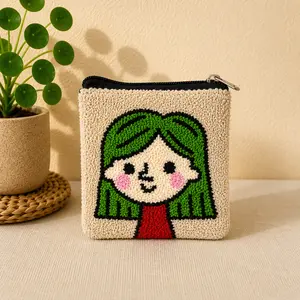 Handmade “Playful Portraits” Punch Needle Coin Purse – Artisan Character Zipper Pouch, Colorful Tufted Cosmetic Bag