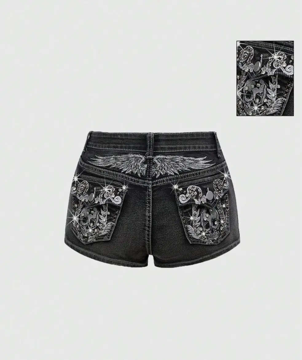 SHANIAH Avant Spring/Summer/Autumn/Winner Women's Y2K Goth Punk Retro Wing Skull Embroidery Low Waist Ultra-Short Denim Shorts