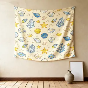 Watercolor Marine Life Wall Tapestry, Fresh Hand-painted Beach Design, Full Atmosphere Easy to Install, Ideal for Summer Beach Themed Party Photoshoot Backdrop
