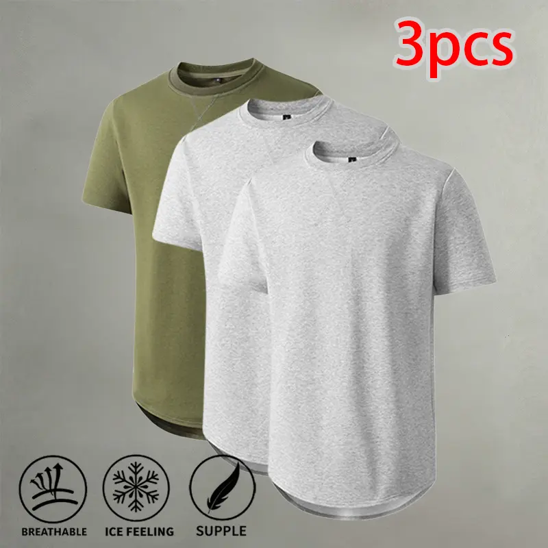Men’s cool-touch short-sleeve T-shirt with curved hem, 3-piece set, breathable solid color, versatile for fitness, commuting, and everyday wear, lightweight base layer top