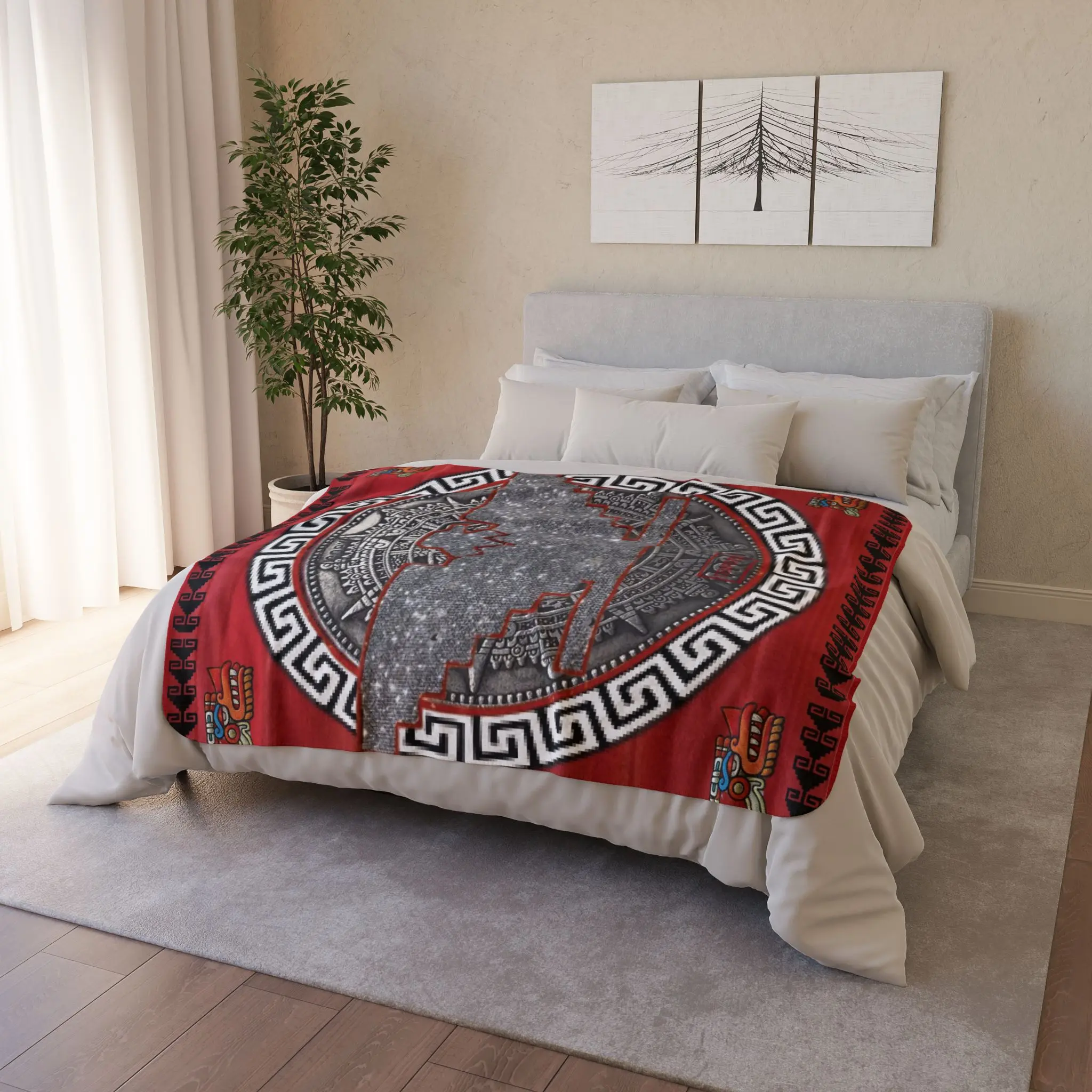 Aztec Huelga Bird Fleece Sherpa Blanket, Tribal Design Throw, Perfect for Home Decor, Gift for Him/Her, Warm Snuggle Blanket