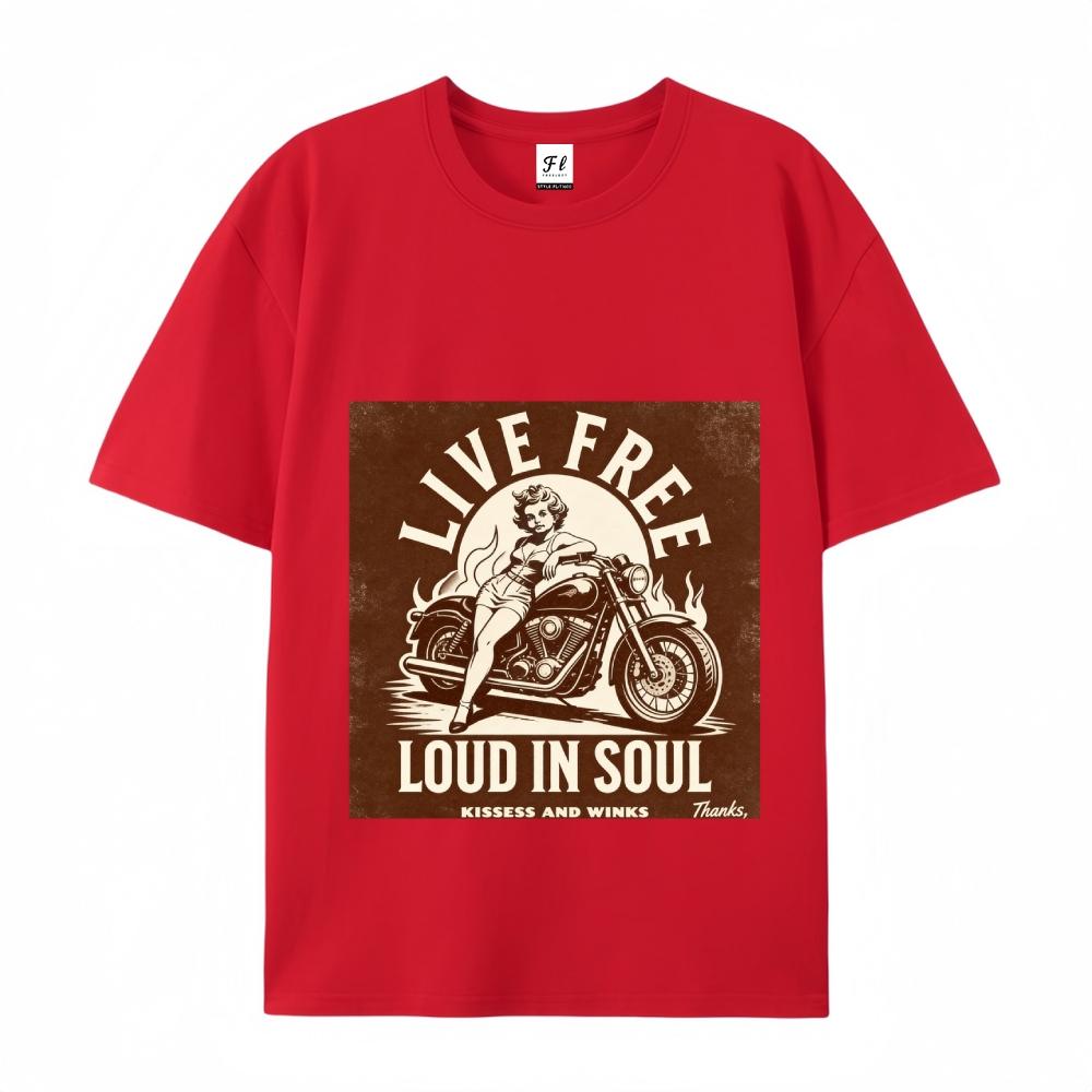 Live Free Loud In Soul Retro Biker Graphic Tee Vintage Motorcycle Pin Up Print Casual Streetwear For Men
