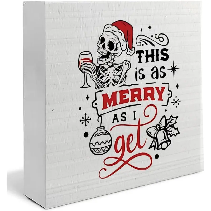Funny Christmas Signs, Christmas Skeleton Skull Santa Wooden Box Sign, Skeleton Christmas Decor, Funny Christmas Wood Signs for Home Office Desk Table Tabletop Shelf Decorations, 5x5 Inch