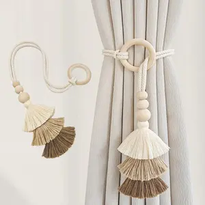 2pcs Modern Simple Three-Color Fringe Curtain Tiebacks, No Drilling, Adjustable, Boho Style, Polyester Rope Holder, Home Office Decor