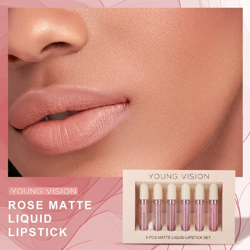 6-Piece Matte Liquid Lipstick Rose Lip Gloss Set, Velvet Lip Stain Kit, Nude Lipstick Long-Lasting Non-Stick Cup, Perfect for Daily Use