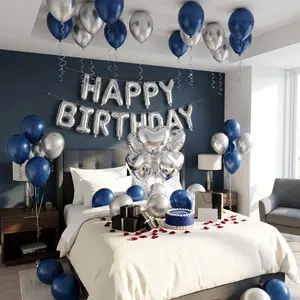 604pcs Navy Blue & Silver Blue Birthday Theme Balloons Set, With Decorative Letter Balloons, "Happy Birthday" Statement Banner, Heart-Shaped Accents, Whipped Cream Details & Simulated Red Petals, For Midnight Party Decorations