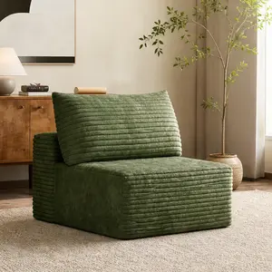 ARCH Modular 1-Seater Sofa with Chaise Lounge, Plush Corduroy Fabric, Green, No Assembly Required, Compact Couch for Living Room, Apartment, Bedroom, Foam Cushion, Single Seat, 37.4x27.6x24.4 in, Green Color Options, Fabric Material