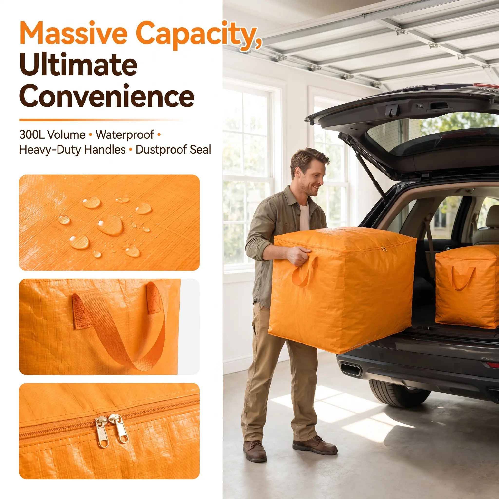 300L Large Capacity Moving Storage Bag, Heavy Duty Woven Fabric Organizer Bag with Handles & Zipper, Portable Quilt Clothes Storage Sack