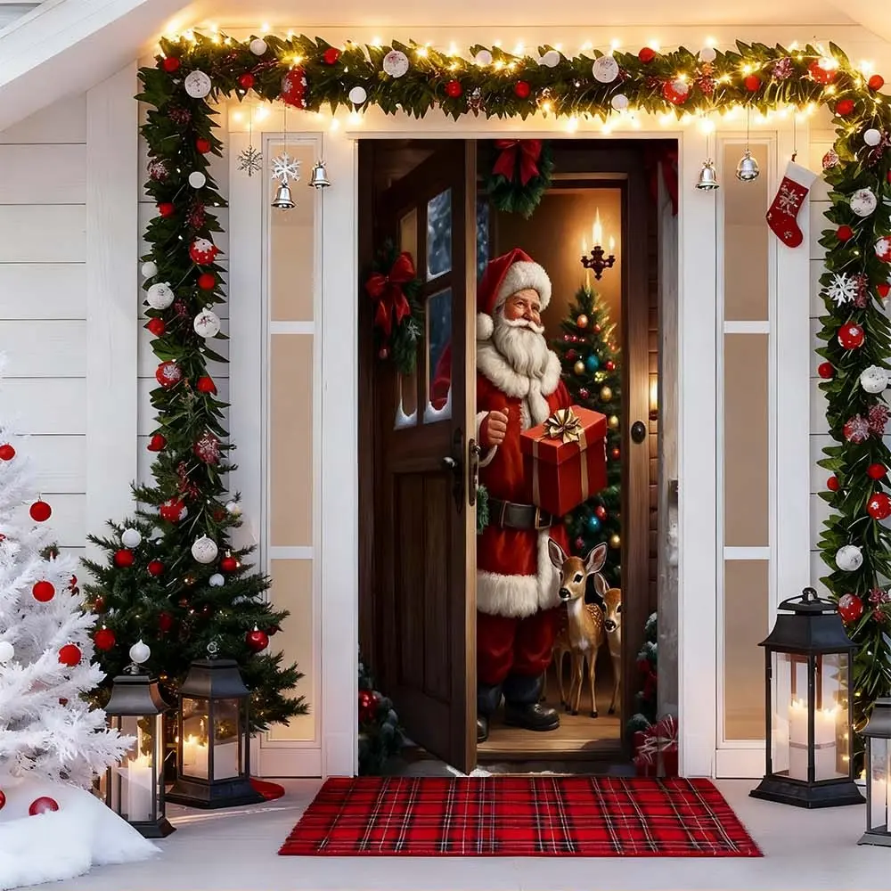 1pc Transform Your Home with a Christmas Door Curtain: Festive Door Cover Featuring Santa and Reindeer, Seasonal Door Casing Decoration with Garland and Lights for a Merry Ambience