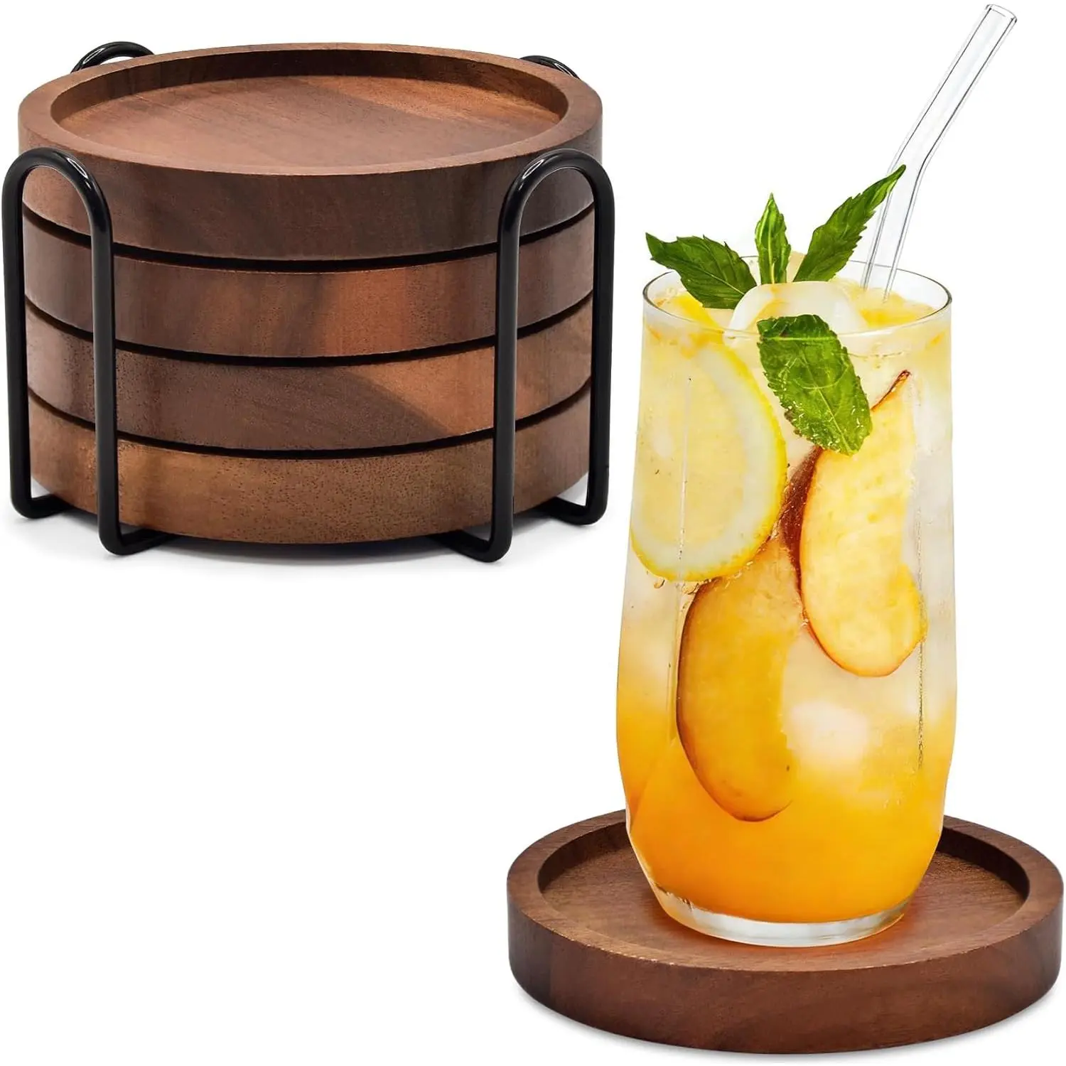 Wood Drink Coasters with Holder, Set of 4, Natural Absorbent Wooden Coasters for Drinks, Modern Rustic Farmhouse Office Bar Decor, Coffee Table Cup Coaster
