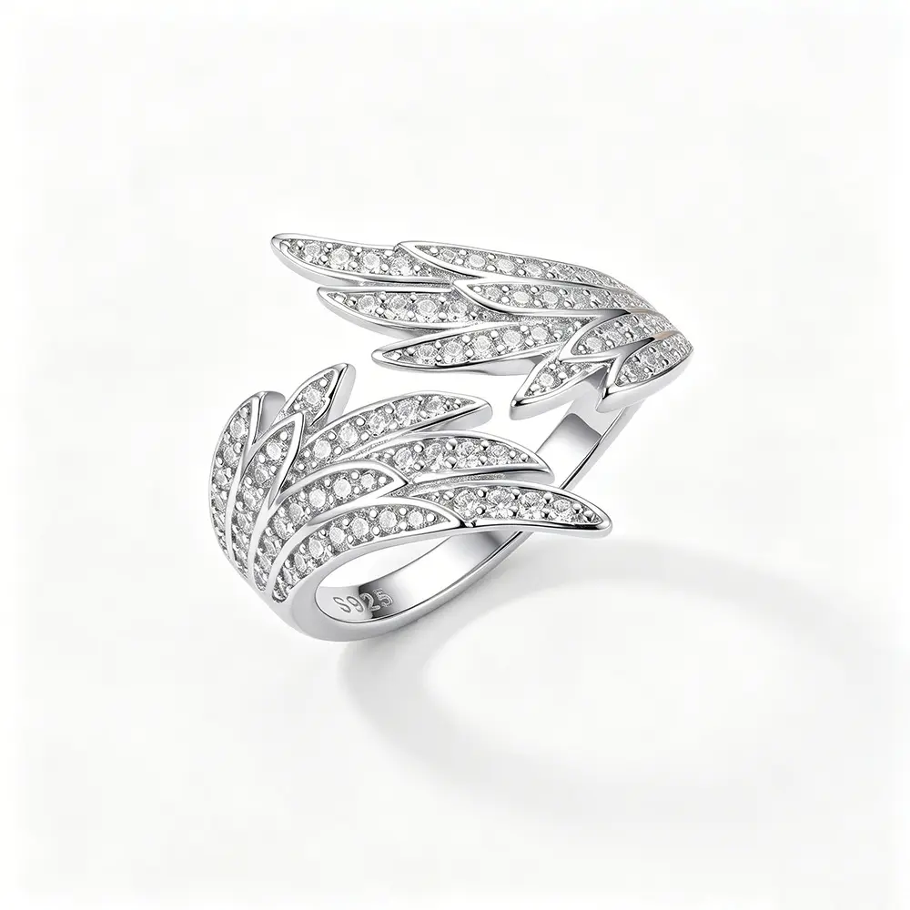 Angel Wing Statement Ring in S925 Sterling Silver, Paved with Cubic Zirconia, Unisex Open Adjustable Band, Open Statement, Ring Stack, Open Ring