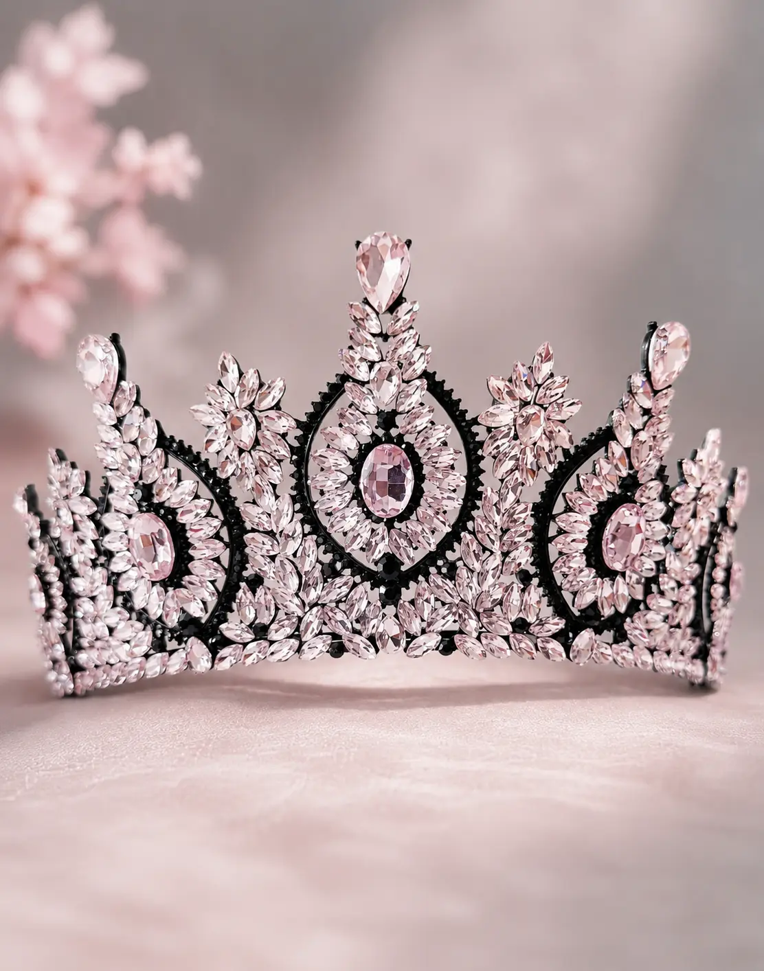Unisex Elegant Pink Crystal Tiara, Floral Motif, Central Gem for Special Events