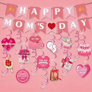 Mother's Day Themed Decoration HAPPY MOMS DAY Banner Flag Spiral Hanging Set with Heart Bouquet and Cake Designs for Festive Celebrations
