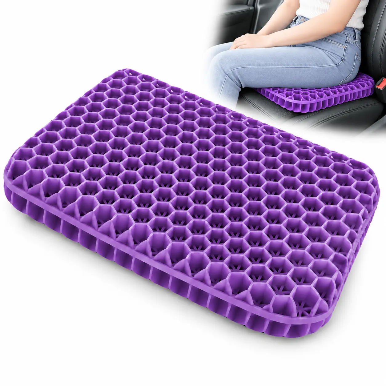 Honeycomb Gel Seat Cushion, Ergonomic Seat Pad, Thick Cooling Breathable Fabric, Even Weight Distribution & Pressure Relief, Non-Slip Hand Wash Only Cover, For Desk Chair, Car Seat & Daily Long Sitting