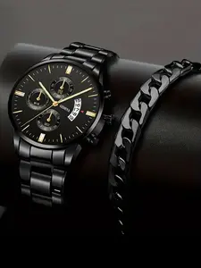 Men's Business Fashion Round Dial Analog Quartz Watch & Bracelet Set, without Box, Trendy All-match & Exquisite Watch Set for Birthday Gift, Street Trend Watch