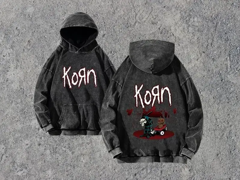 Korn band world tour series hoodie, vintage washed sweatshirt, hip-hop street style hoodie, loose pullover Y2K top, Harajuku-style retro Y2K hoodie, gift for Korn fans