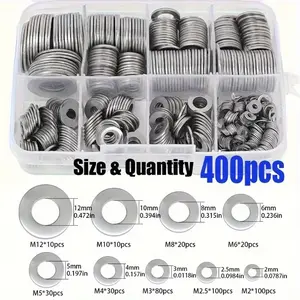 400Pcs Stainless Steel Flat Washers, Fasteners Assortment Kit (M2‑M12), Made of rustproof stainless steel for strong durability and long service life. This complete hardware set includes all commonly used sizes, meeting diverse fastening needs