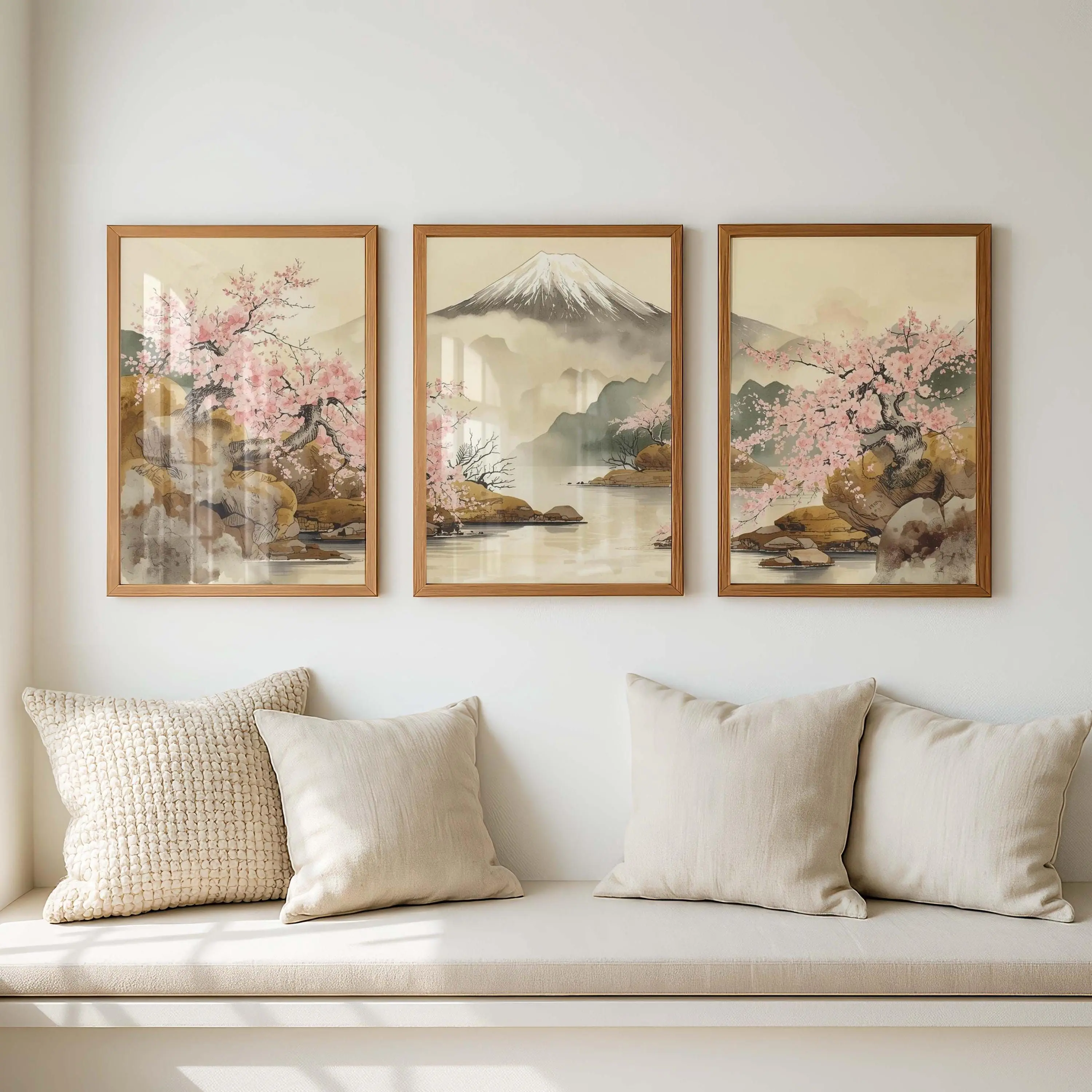 [SALE UP TO 40%] [Unframed] Japanese Triptych Wall Art, Sakura Cherry Blossom & Mount Fuji Prints, Japandi Zen Decor, Set of 3 Panels, Minimalist Asian Landscape