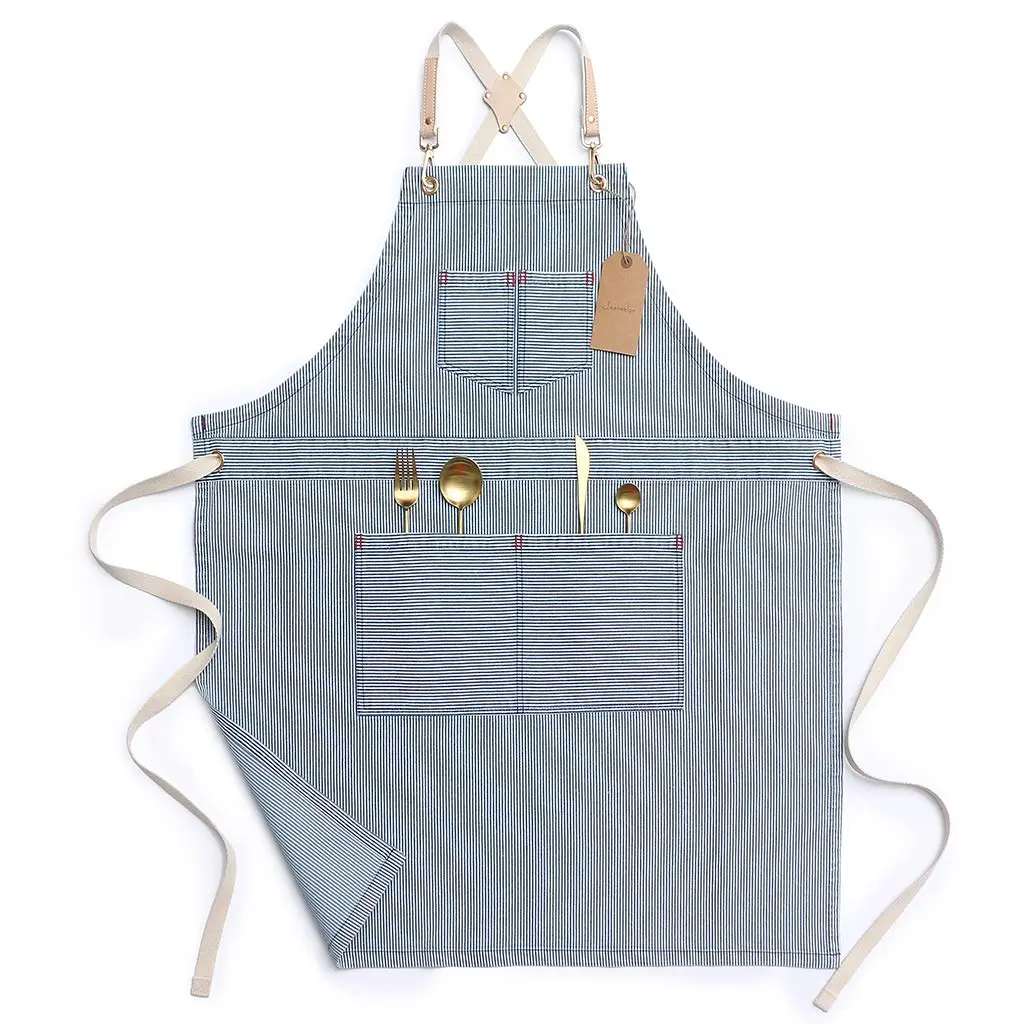 Blue Striped Denim Aprons For Women And Men - Jean Cross Apron Adjustable Neck Unisex With 4 Pockets Barista  Chef Barber Painter Gardener M To Xxl