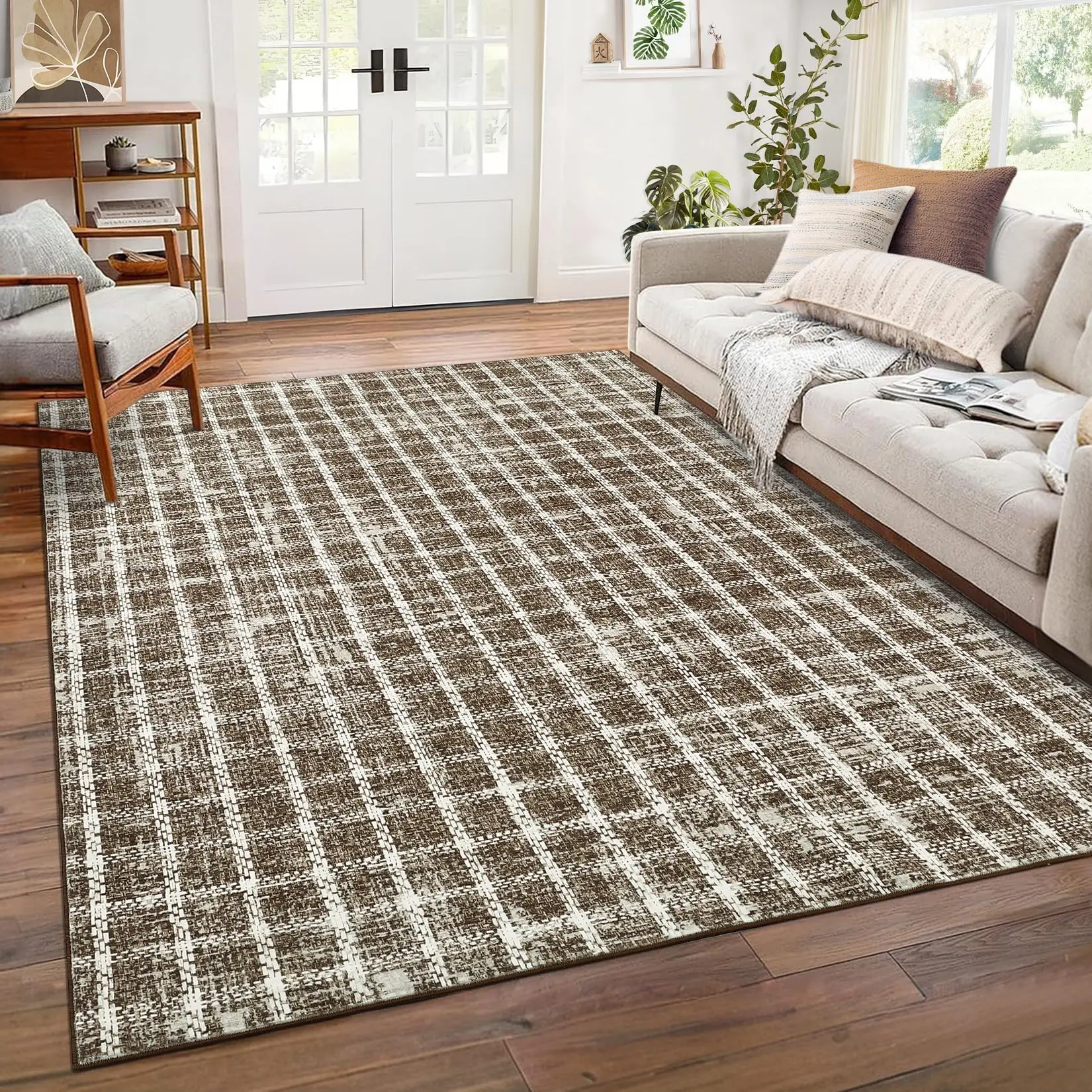 Modern Plaid Area Rug 5x7 Machine Washable Brown Rug Soft Living Room Rugs, Decorative Gingham Low Pile Thin Non Slip Indoor Printed Carpet for Bedroom Nursery